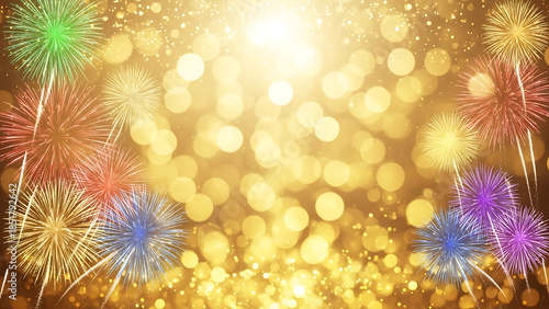 Golden Bokeh Lights and Fireworks Celebration Background Design with Sparkles and Bokeh Effect