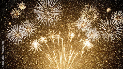 A breathtaking display of golden fireworks bursting across the dark night sky, illuminating the celebration with a radiant glow and sparkling festive atmosphere
