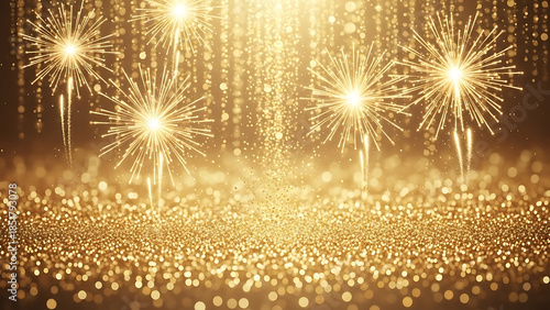 Golden glittery background with sparkling fireworks and bokeh effects for celebration or festive occasions