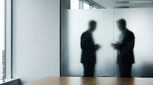 Narcissistic abuse - Silhouettes of two people in conversation near frosted glass, showcasing a clean indoor space with strong negative space and soft daylight ambiance.