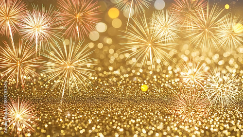 Golden fireworks exploding in a glittering bokeh background, perfect for celebrations and festive occasions
