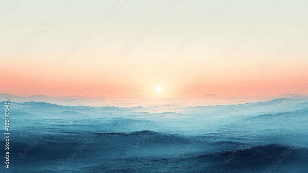 Obraz premium Serene Ocean Vista with a Warm Dawn, Embracing Calming Blue Tones and Soft Pastel Sky