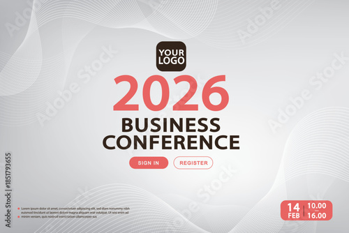 Business conference banner template. Corporate white abstract background with registration button and logo text space. Vector illustration for seminar invitation and event landing page.