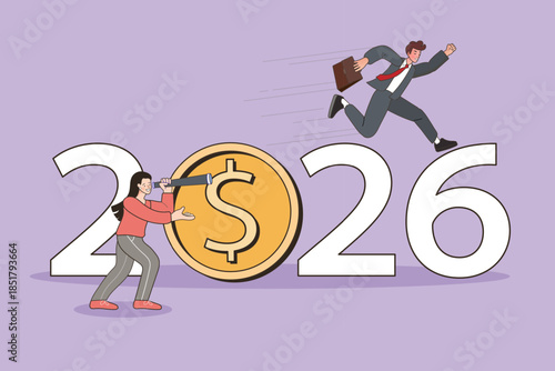 Business financial forecast and new year concept. Woman with spyglass looking through giant gold dollar coin while businessman jumping over big numbers. Vector illustration for economic strategy.