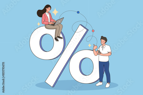 Financial interest rate and discount sale concept. Woman working on laptop on big percent sign with man holding smartphone. Vector illustration for banking loan promotion and online shopping offer.