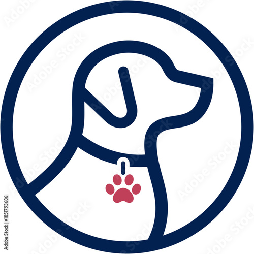 Stylized head Dog Illustration,blue Outline and pawprint red color	
