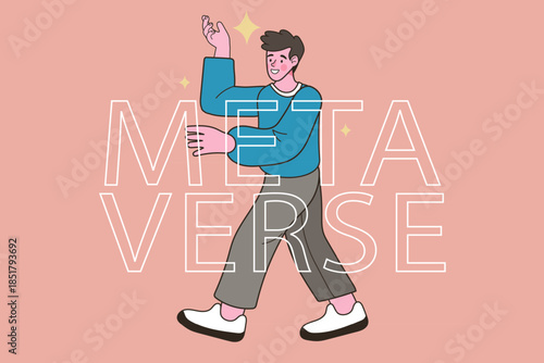 Metaverse technology and virtual reality concept. Happy man character walking and touching cyber space environment with big white text. Vector illustration for future digital world and simulation.