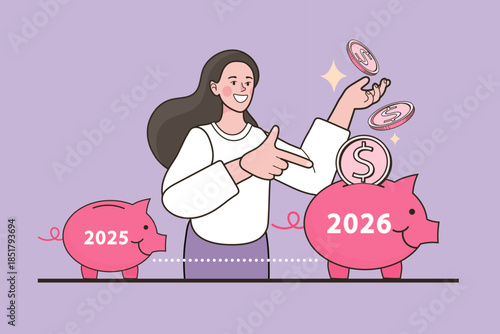 Business financial growth and new year savings concept. Happy woman putting coin into big future piggy bank comparing with small past one. Vector illustration for investment profit and wealth.