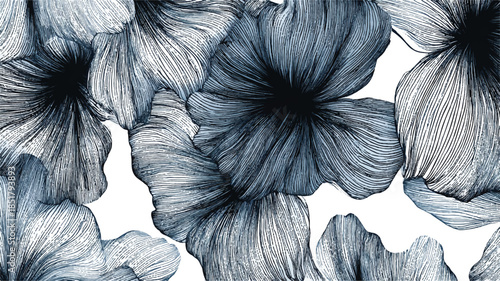 beautiful blue flowers with detailed lines on white background