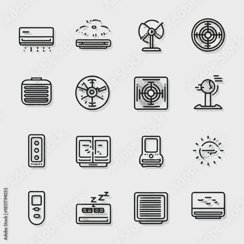 Black line icons of various air conditioning and cooling devices used for temperature control