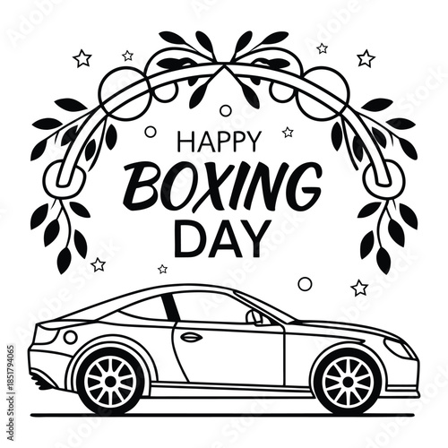 Black and white of a sports car with happy boxing day text and decorative