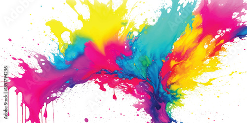 Abstract Vibrant Horizontal Rainbow Paint Splash With Multi-Color Ink Splatter & Liquid Drips on White. Dynamic Art for Creative Branding & Modern Graphic Design.