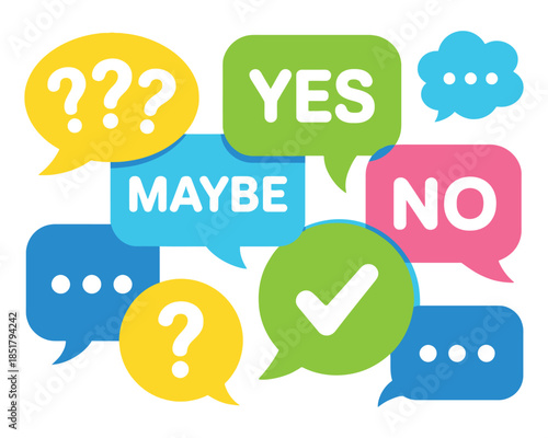 Speech bubbles display options like yes, no, maybe, and question marks.