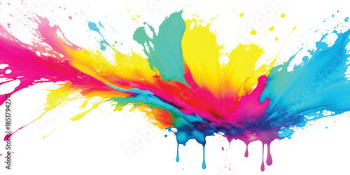 Abstract Vibrant Horizontal Rainbow Paint Splash With Multi-Color Ink Splatter & Liquid Drips on White. Dynamic Art for Creative Branding & Modern Graphic Design.