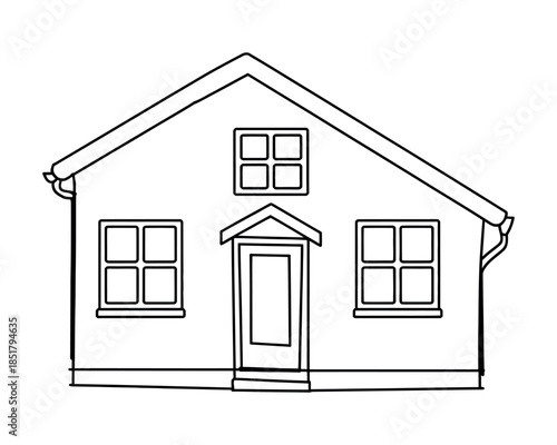 A simple line drawing of a detached house with a pitched roof, windows, and a door.
