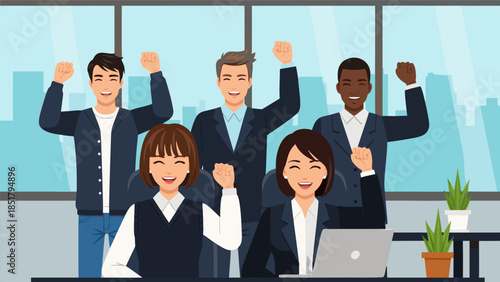 A diverse group of business professionals celebrating a successful achievement in an office setting.