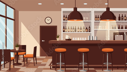 Interior view of a modern cafe with a long bar, stools, tables, chairs, and shelves stocked with bottles.