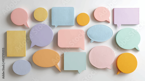 Colorful paper speech bubbles and rectangles on white surface
