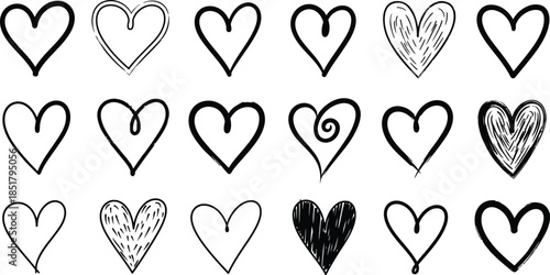 A collection of eighteen hand-drawn hearts is arranged across a white background