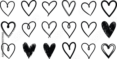 A vector art collection of eighteen hand-drawn hearts is arranged across a white background