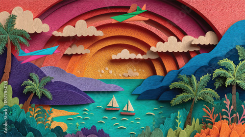 colorful paper cutout tropical island landscape with rainbow and sailboats