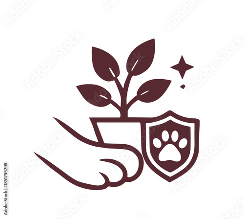 Valentine pet care icon with hand plant and protective paw shield
