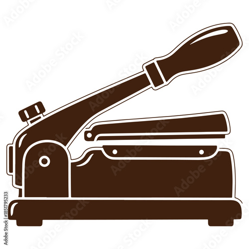 Brown illustration of a manual meat slicer with a long handle ideal for kitchen tools and appliances