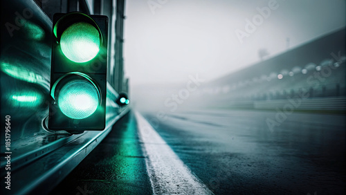 A green race track light shines brightly concept. A vibrant green traffic light signaling the start of a journey.