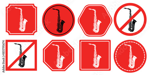 Saxophone road sign icons with red and white colors