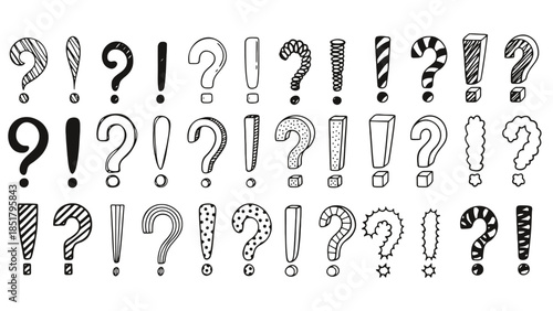 A collection of hand-drawn question marks and exclamation points.