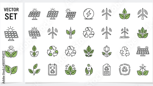 Ecology and Renewable Energy Line Icons Black and White Outline