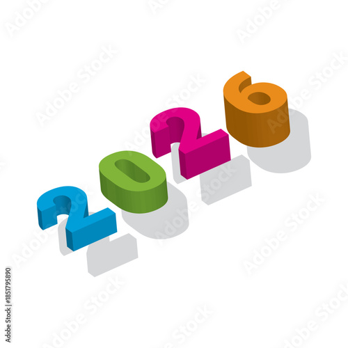 Colorful 3D “2026” numbers arranged playfully on a light background, casting soft shadows and creating a modern New Year celebration design.