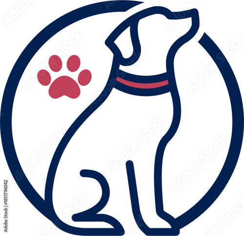 Stylized sit Dog Illustration,blue Outline and pawprint red color	

