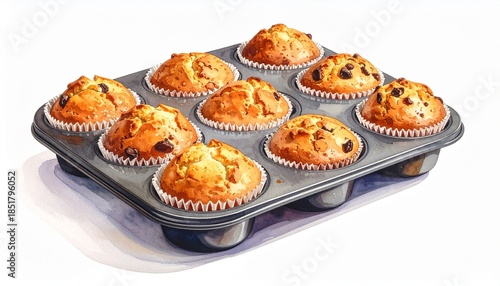 Nine Golden Muffins in Tray with Paper Liners and Chocolate Chips