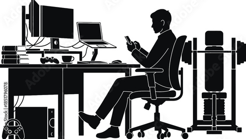 Man sits at a desk with computer and checks phone next to weight bench.