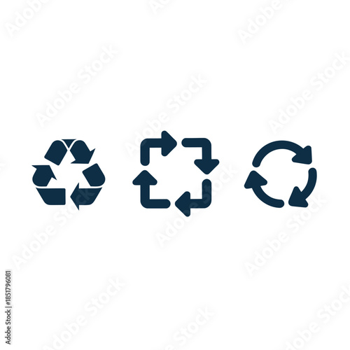 Three dark blue recycling symbols illustrating circularity and waste management concepts