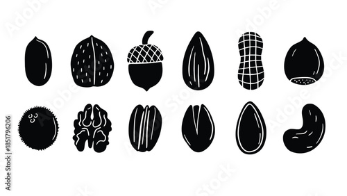 A collection of various nuts and seeds are shown in silhouette.