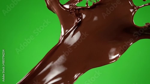 Chocolate splash in slow motion heavy creamy liquid movement rich texture detailed splatter green screen background,
