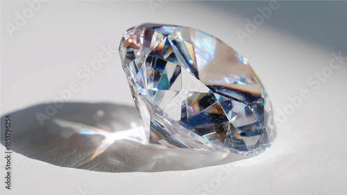 Large clear diamond gemstone on white surface with shadow