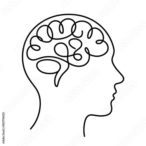 A simple line drawing depicts the profile of a head with a brain