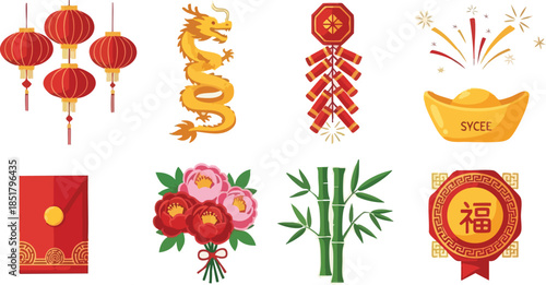 Collage of traditional Chinese New Year decorations and symbols including lanterns dragon envelopes flowers and fireworks on white background.