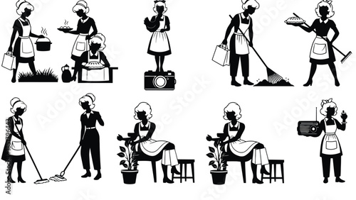 A collection of silhouette illustrations depicting a maid performing various household chores.