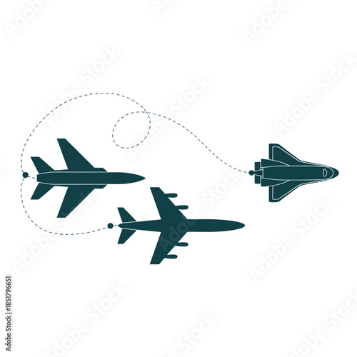 Simplified illustration of three airplanes connected by a dotted line path