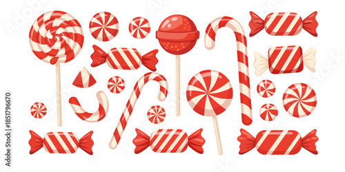 Christmas Candy Cane and Peppermint Sweets Set Flat Vector Illustration
