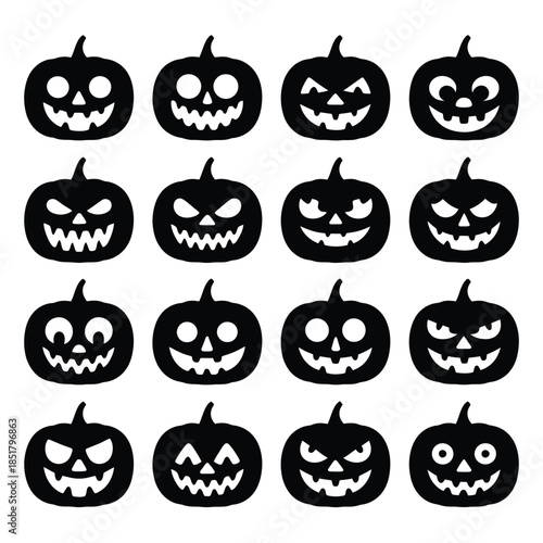 A collection of various black silhouette jack o lanterns for halloween decor