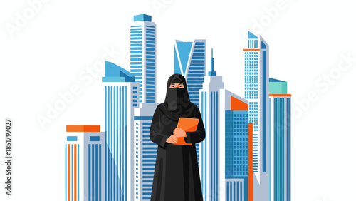 A Muslim businesswoman in traditional attire stands confidently in front of a modern city skyline.