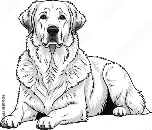 Kuvasz dog lying down relaxed with head raised pose