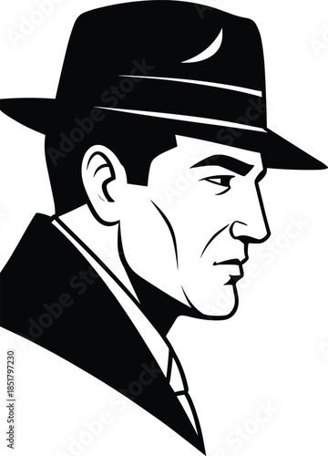 Noir Gentleman Side Profile Portrait Wearing Fedora Hat Classic Black and White Vector Illustration