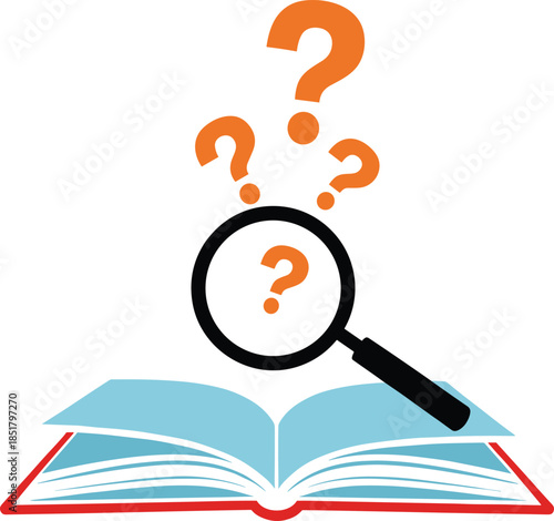 Mystery Book Investigation Concept with Question Marks and Magnifying Glass – Isolated on Transparent Background