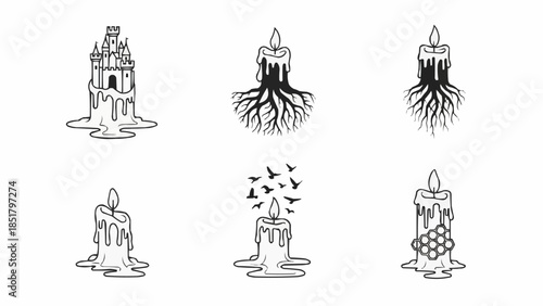 Set of six unique candle illustrations with creative designs.
